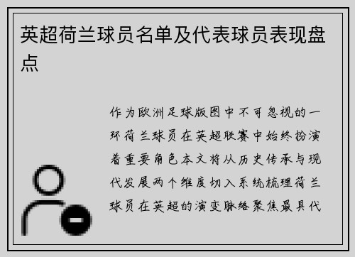 英超荷兰球员名单及代表球员表现盘点