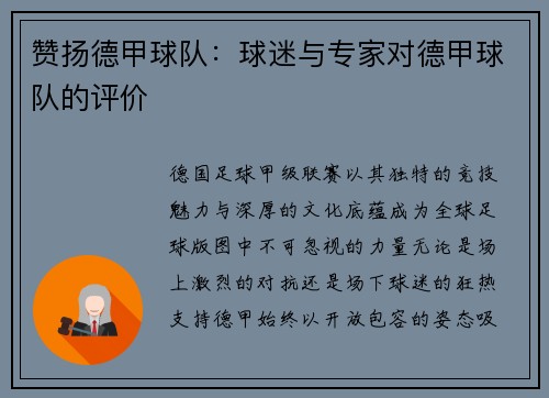 赞扬德甲球队：球迷与专家对德甲球队的评价