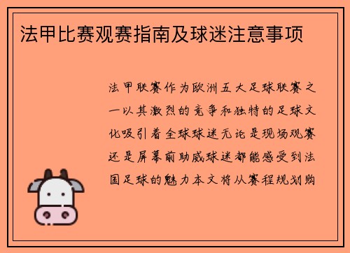 法甲比赛观赛指南及球迷注意事项
